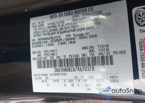 2007 Mercury Milan I4 Premier from USA, damaged, VIN 3MEHM08Z67R670378